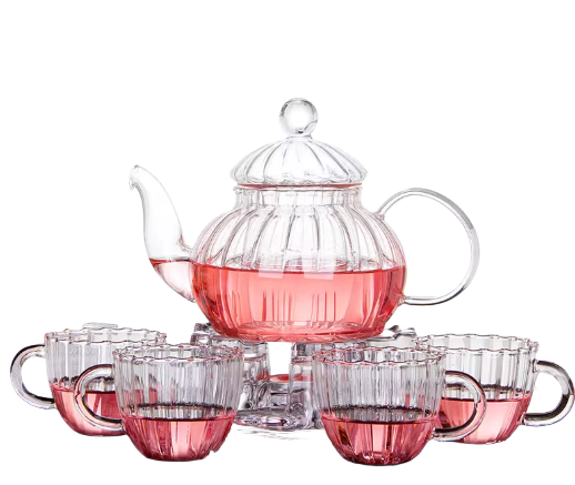 Glass Teapot Set with 4 Teacups and a Tea Warmer
