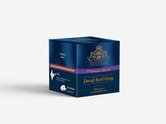 Blue box of Tucclia Decaf Earl Grey tea on a white background